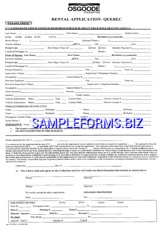 Quebec Rental Application Form pdf free